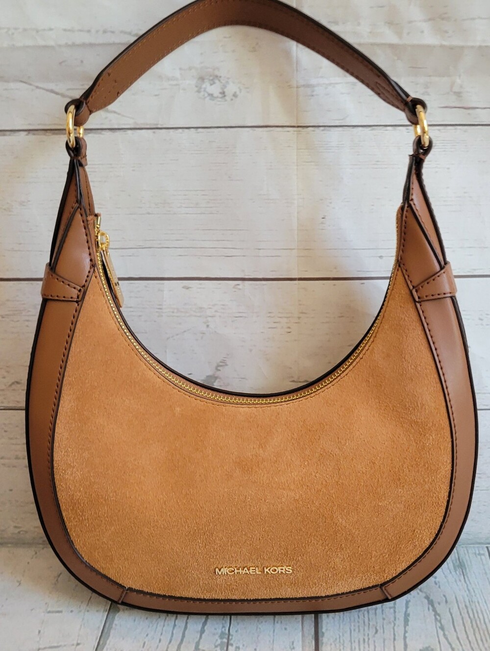 Michael Kors Tan Preston Suede and Leather Crescent Shoulder Bag - Picture 2 of 9
